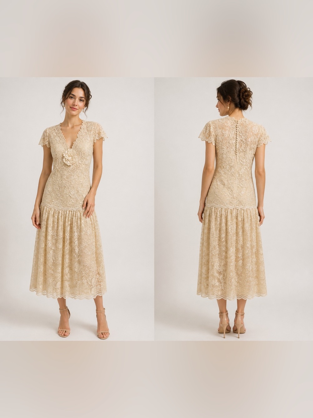 Vintage Handmade Cream Beaded Lace Tea-Length Dress‎ Sz. XS/S